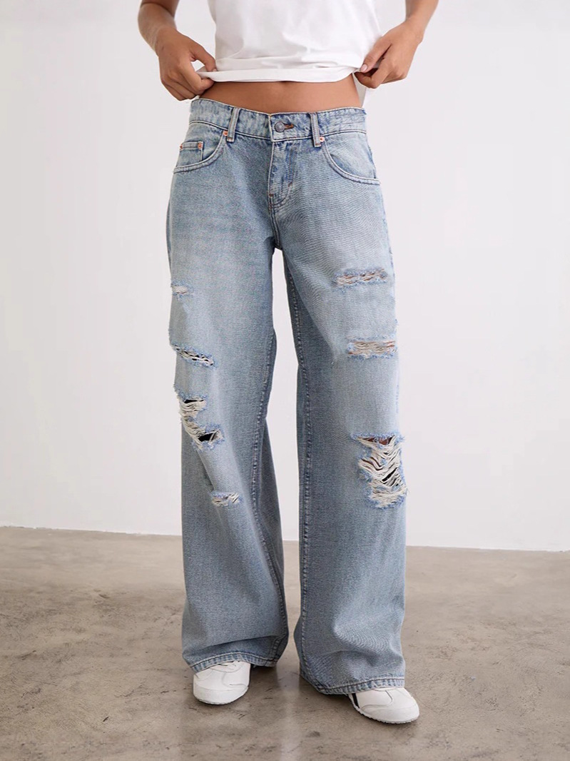 Jeans Rectos Rotos para Mujer de Mezclilla con Efecto Desgastado image 1