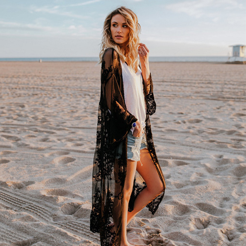 Blusa larga 2022 ropa de mujer europea y americana bordado de primavera y verano color sólido bordado bikini suelto playa cabello ropa de protección solar