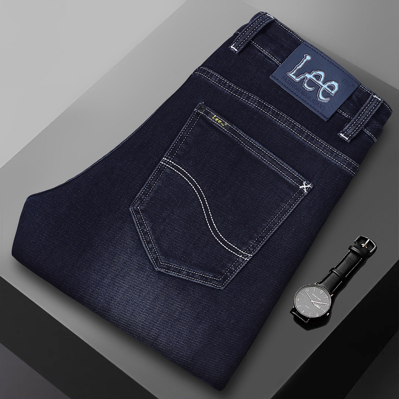 Li Le High-Quality European Style Men's Jeans Autumn and Winter Blueberry Color Slim Light Business Straight Washed Stretch Pants