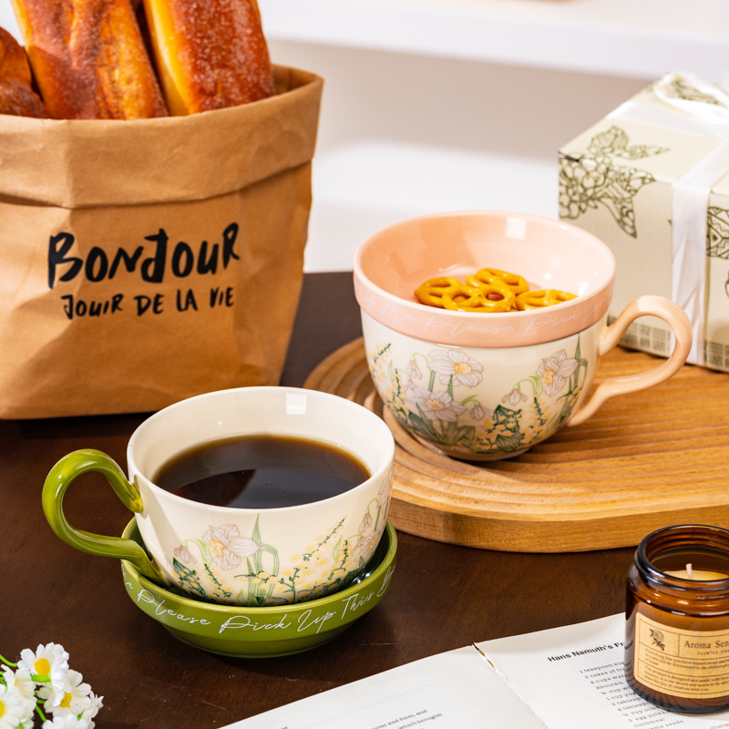 Pintura al óleo retro como lirio de los valles, juego de tazas y platillos, tazas de café de cerámica, cajas de regalo, recuerdos de alta calidad