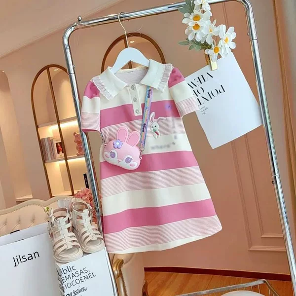 Girls' Dress Summer 2026 New Korean Style Fashionable Children's Polo Dress Short-Sleeve Striped Casual Dress for Girls