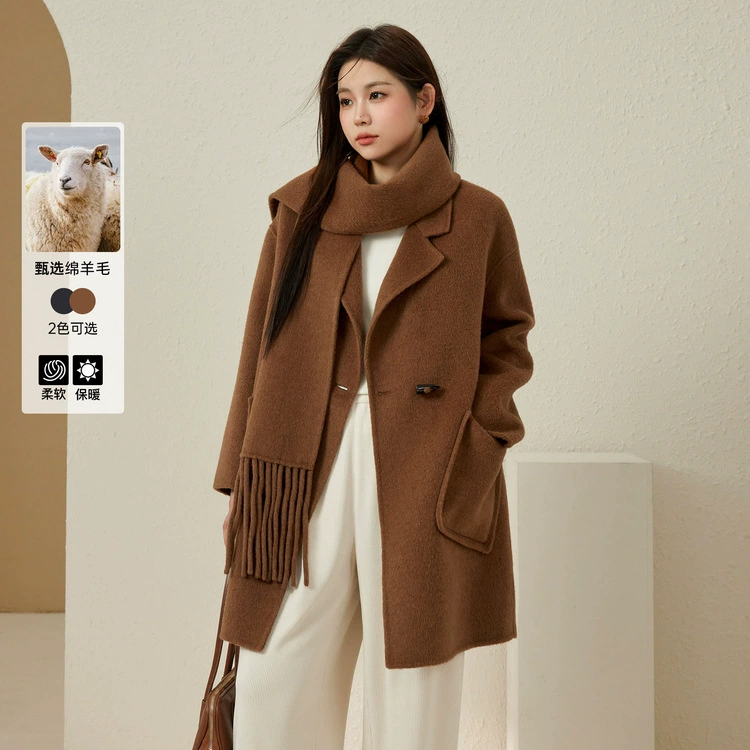 [Съемный шарф] Съемный большой размер женский ретро темперамент двухсторонний шерстяной жакет толстый мм зимний новый