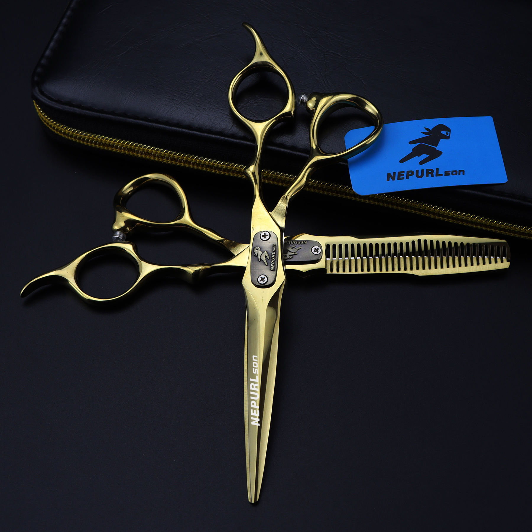 6.0寸金色奈普森双面剑型美发剪刀 理发剪 平剪牙剪 打薄剪