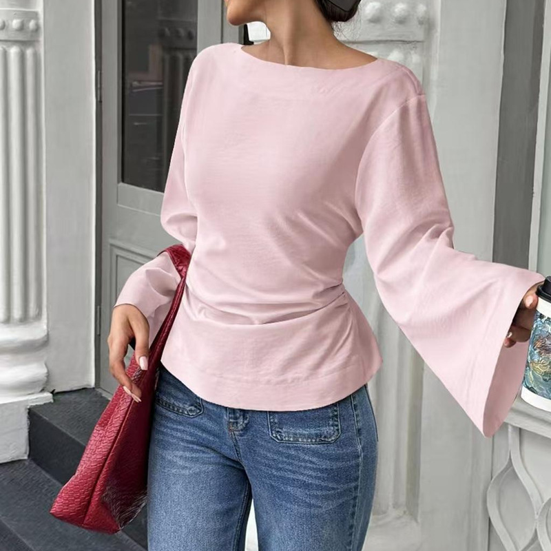 2025 European and American New Style Pure Color Fashion Casual Versatile Waist Boat Neck Personalized Street Trumpet Long-Sleeved Top T-Shirt