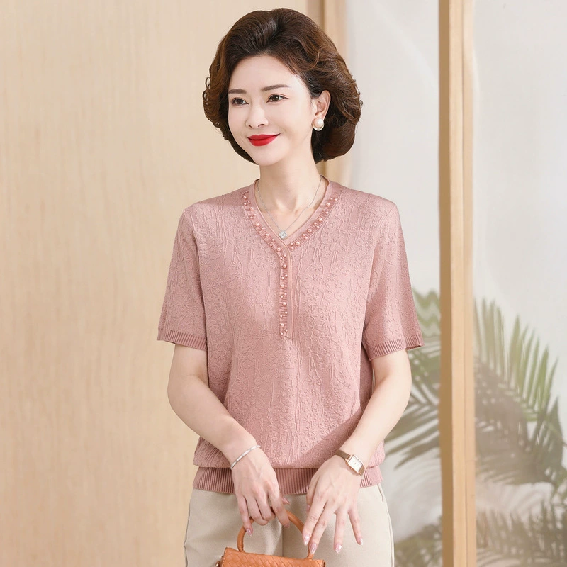 2025 весна и осень мама мода минус возраст трикотажная рубашка весна и осень новая средняя и пожилая женщина осенний темперамент топ с круглым вырезом