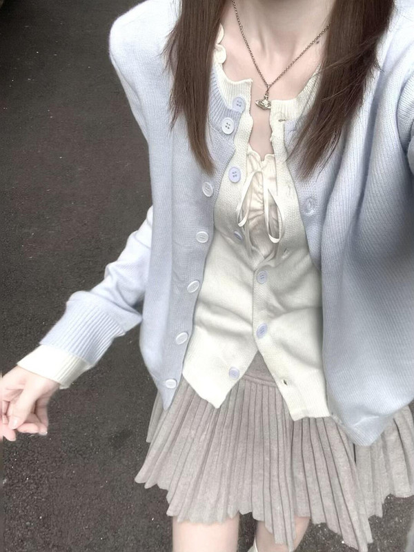 韩系软糯蓝色假两件针织衫女开衫早秋慵懒风短款秋冬毛衣外套上衣|undefined