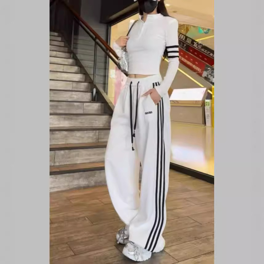 Retro Sports Style Loose Elegant Casual Pants 2024 Autumn New Three Bars High Waist Straight Trousers for Women