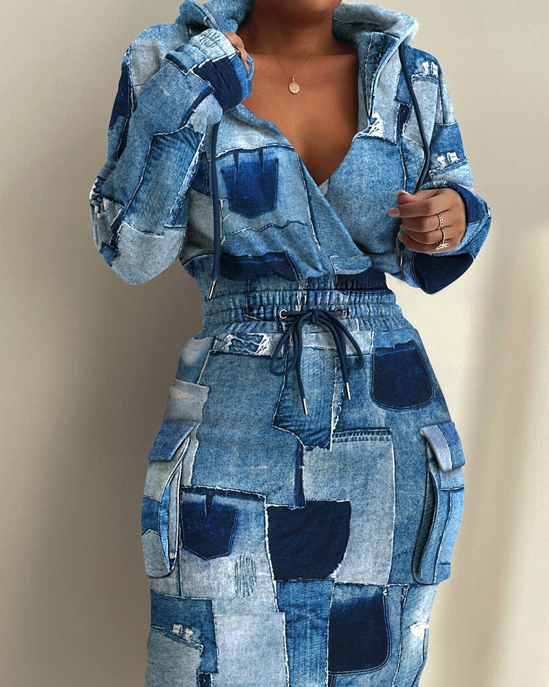 Women's A-line Skirt Streetwear V Neck Patchwork Belt Long Sleeve Printing Midi Dress Daily display picture 3