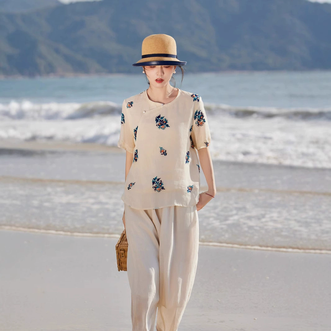 2025 весна и лето новая женская вышивка рами китайский стиль ретро двухслойный литературный топ с круглым вырезом