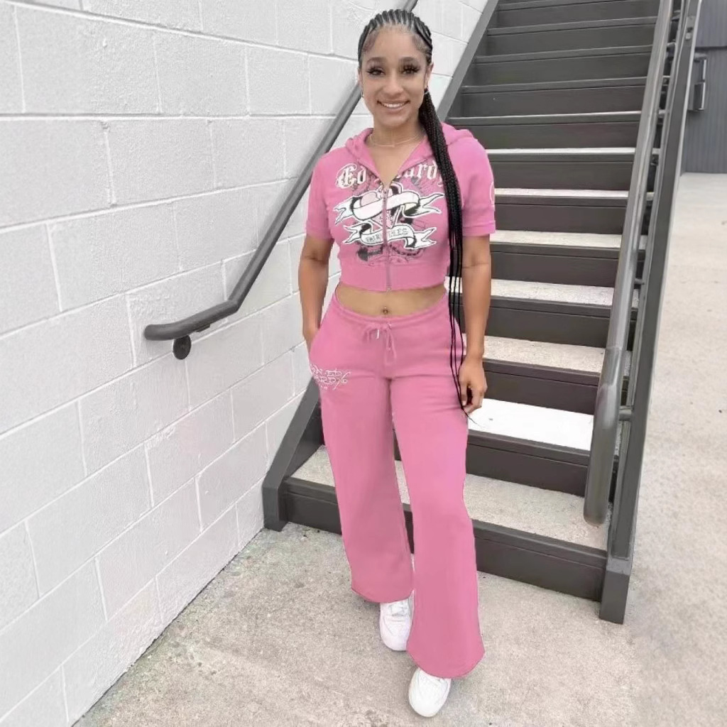 유럽과 미국의 국경 간 포지셔닝 프린트 핫 소녀 반팔 배꼽 노출 문자 스포츠 바지 정장