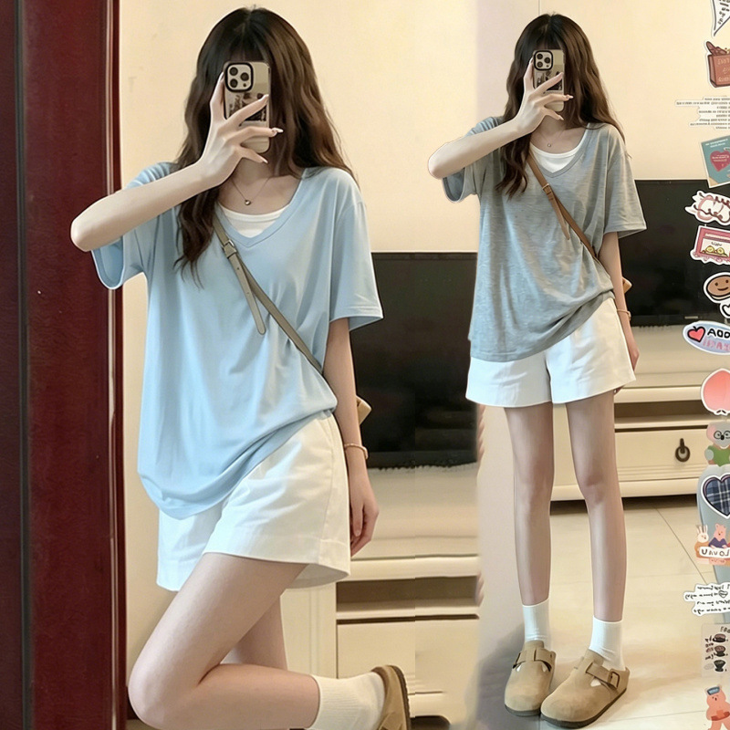 Maternity Set for Summer: Thin, Stylish, Faux Two-Piece Short-Sleeve T-Shirt with a Designer Feel, Top and Shorts Outfit, Korean-Style Two-Piece Set Maternity Set for Summer: Thin, Stylish, Faux Two-Piece Short-Sleeve T-Shirt with a Designer Feel, Top and Shorts Outfit, Korean-Style Two-Piece Set