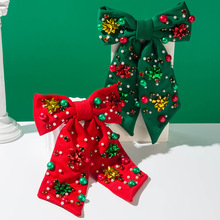 圣诞节新款气质蝴蝶结弹簧夹女钉珠镶钻雪花清新甜美派对节日发夹