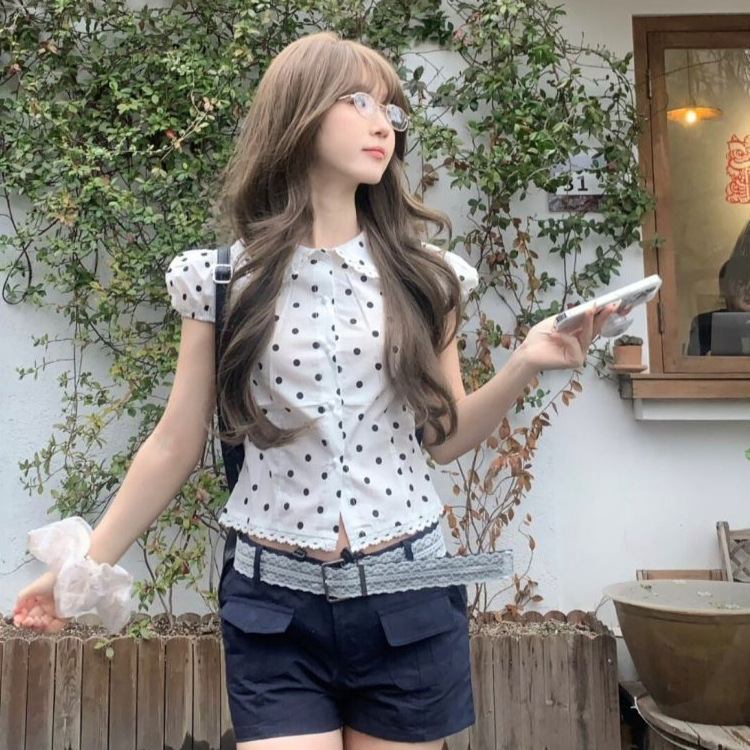 2026 Summer New Pure Desire Style Polka Dot Doll Collar Short Sleeve Shirt for Women, Designed to Slim the Waist and Enhance Elegance 2026 Summer New Pure Desire Style Polka Dot Doll Collar Short Sleeve Shirt for Women, Designed to Slim the Waist and Enhance Elegance
