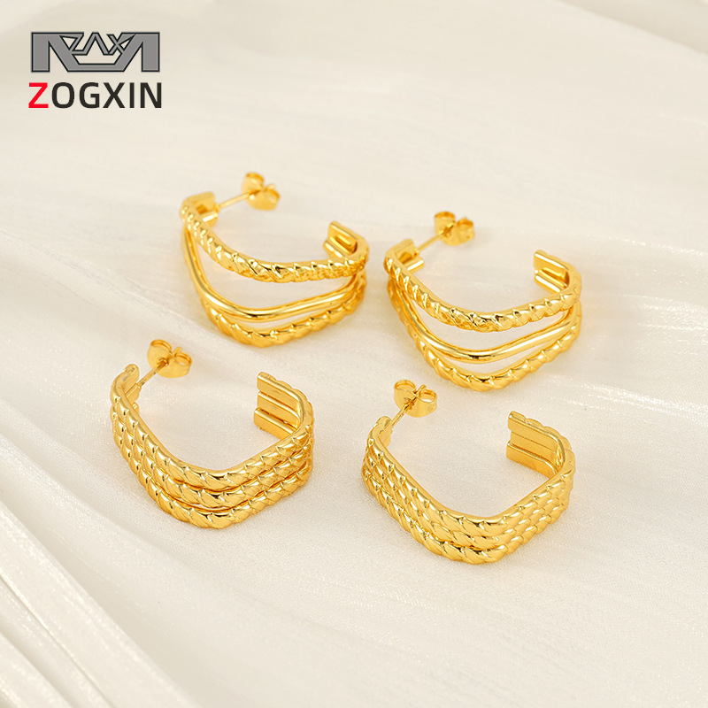 Pendientes de acero de titanio dorado multicapa rojo de la red de viento ins Pendientes de línea geométrica de acero inoxidable para mujer de moda de lujo ligero para mujer