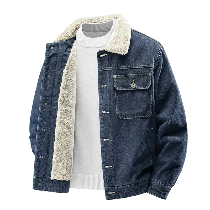 2025年秋冬新款男装跨境防风翻领领口外出百搭男士牛仔加绒夹克