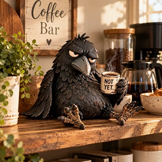 跨境新款暴躁乌鸦咖啡树脂桌面摆件Grumpy Raven Coffee Figurine