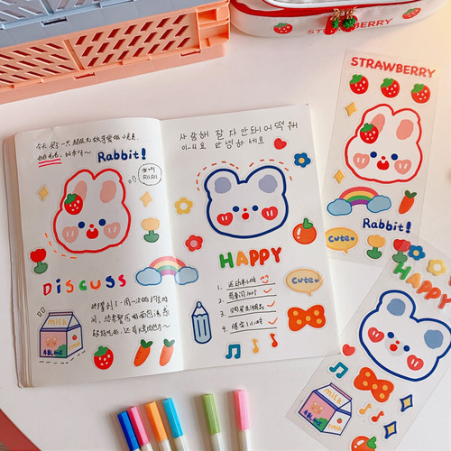 ins girly heart cute tea bear notebook stickers strawberry stickers notebook decoration material PVC cup stickers