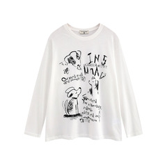 TKPA美式趣味小狗印花長袖白色T恤女慵懶風寬鬆顯瘦薄款防曬罩衫