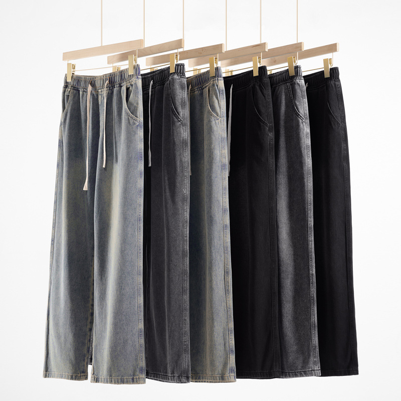 潮牌牛仔裤男款2025年秋季美式复古水洗休闲裤宽松直筒抽绳阔腿裤