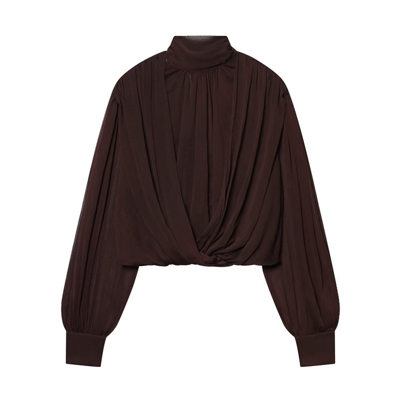 2026 Spring New European and American Style Pleated Semi-Transparent Balloon-Style Top Long-Sleeved Stand-Up Collar Bow Shirt 2026 Spring New European and American Style Pleated Semi-Transparent Balloon-Style Top Long-Sleeved Stand-Up Collar Bow Shirt