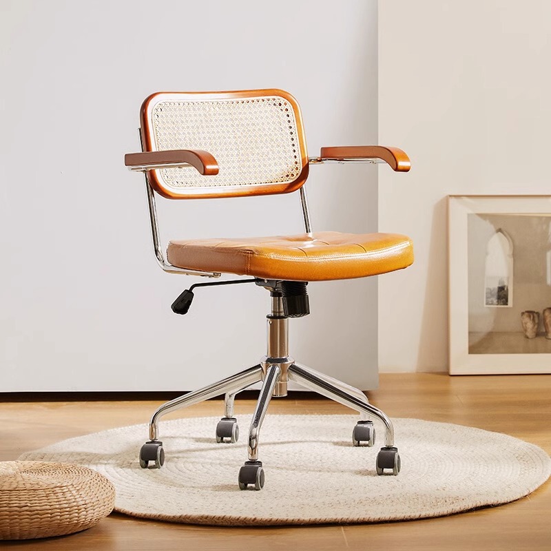 Study Computer Chair Vintage Office Chair Rattan Wooden Household Desk Swivel Chair Seat Lifting Chair Ergonomic