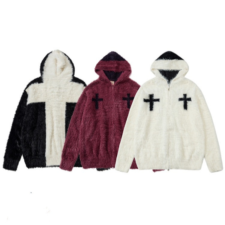 Heavyweight Stylish Cross Floral Plush Hooded Sweater Jacket for Couples, Autumn and Winter Trendy Loose Knitwear