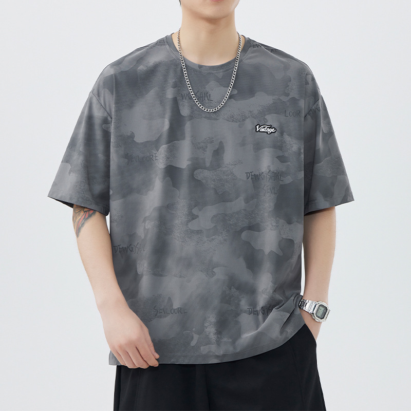 Outdoor Mountaineering and Hiking Elastic Quick-drying Short-sleeved T-shirt Men's# Summer Light Ice Silk Cool Crewneck Sports Top Men's