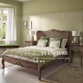 复古实木家具仿古雕花做旧双人床乡村藤艺床法式床欧洲主卧大床