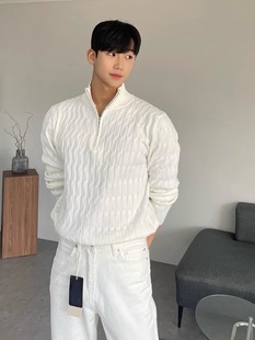 Half Turtleneck Zipper Sweater Men's Lazy Pullover Long-sleeved Sweater Fashionable All-match White Jacket