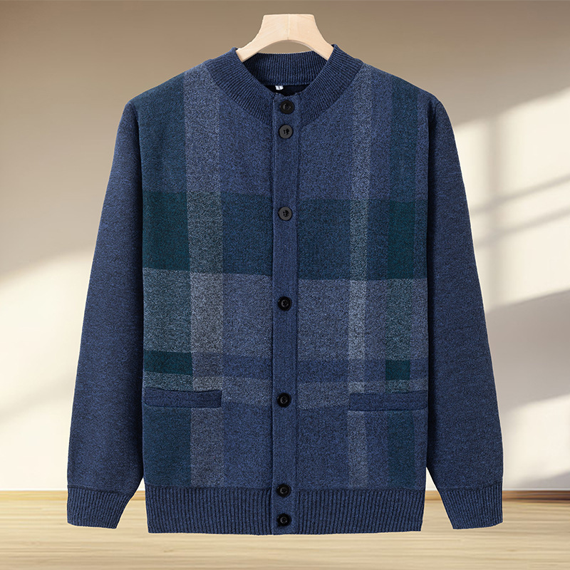 Middle-Aged and Elderly Cardigan Autumn and Winter Velvet Thickened Sweater Men's Jacket Dad Jacket Spring Autumn Winter Khaki