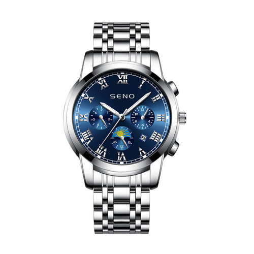 SENO Casual Sun Moon Star Watch Men's Quartz Watch Waterproof Calendar Luminous Stainless Steel Watch One Piece Dropshipping