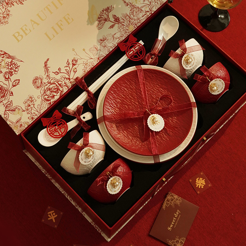 Festive Red Stone Pattern Tableware Gift Box Set High-Value Ceramic Bowls and Plates Set Housewarming Newlywed Tableware Gift Box Set Festive Red Stone Pattern Tableware Gift Box Set High-Value Ceramic Bowls and Plates Set Housewarming Newlywed Tableware Gift Box Set