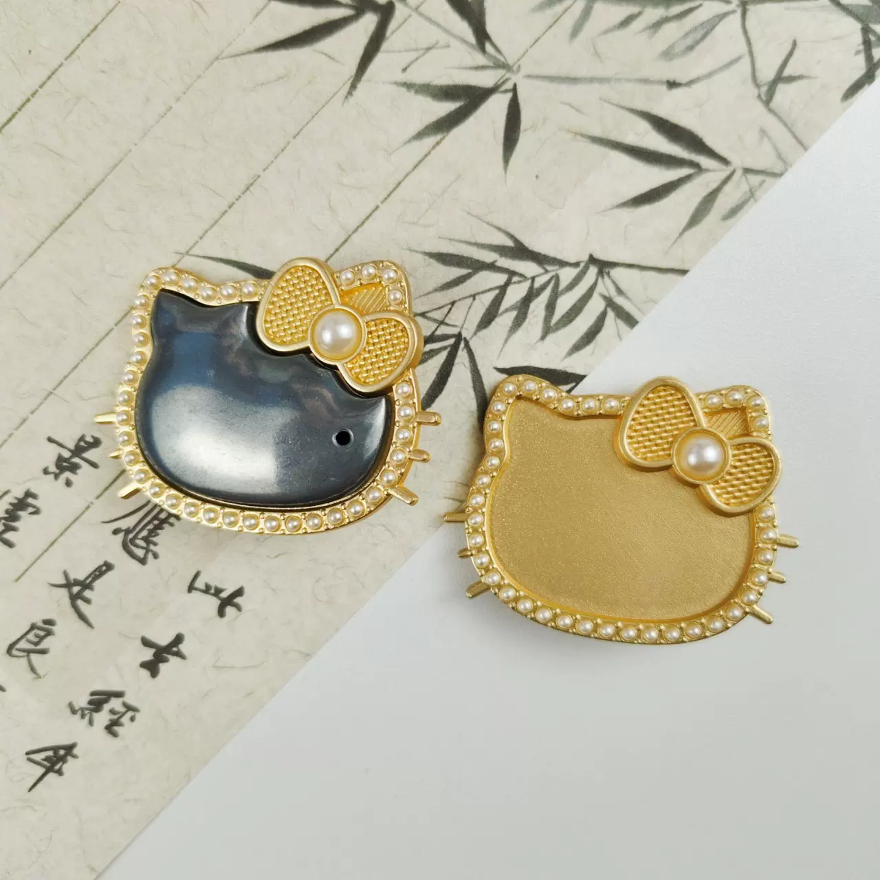 宋锦哑金珍珠kt猫头小边夹碎发夹空托布艺镶嵌底托刘海夹