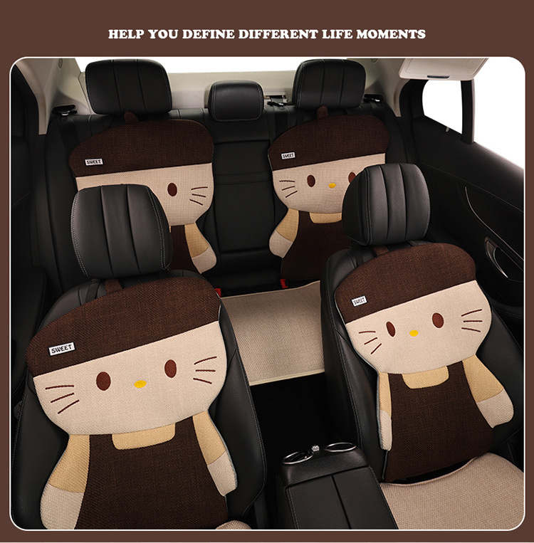 Four Seasons Linen Car Seat Cushion Cute Hat Cat Skin-Friendly Breathable Rear Seat Single Universal Seat Cushion Seven-Piece Set