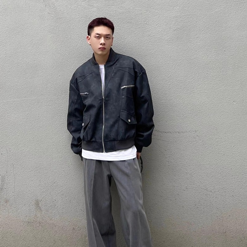Retro Couple Outfit, Stand Up Collar Motorcycle Suit, Leather Jacket, Loose And Handsome Jacket, Casual Jacket_voghion.com