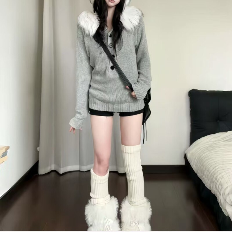 American Retro Detachable Fur Collar Hooded Pullover Knitwear for Women Autumn and Winter New Sexy Slimming Look Knitwear