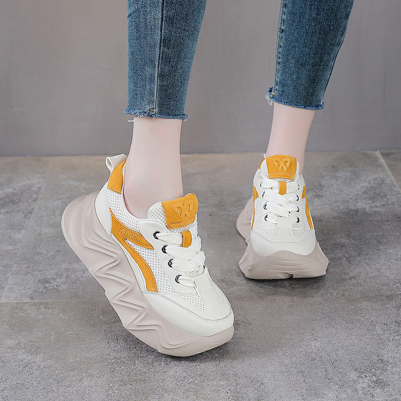 Giày sneaker chunky đế dày da bò cho nữ phối màu cổ điển — Màu đen