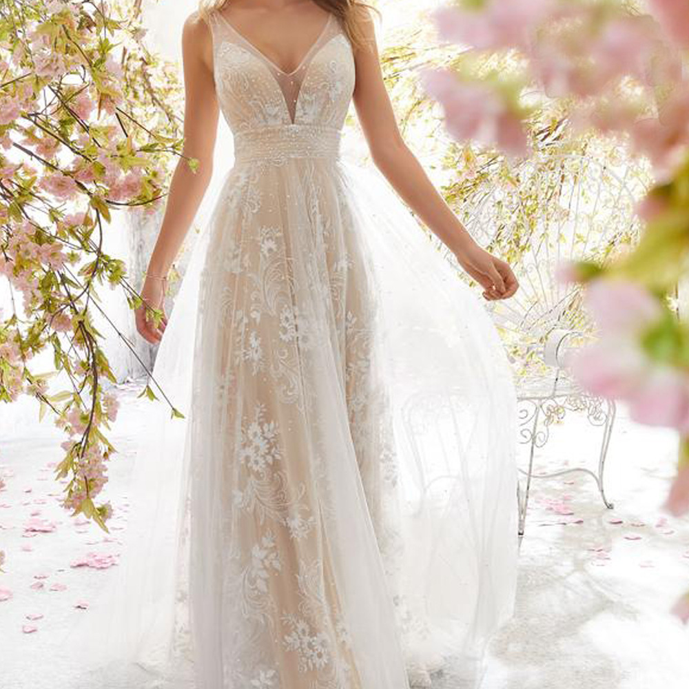 Nuevo Vestido de Novia 2026 para Comercio Exterior Europeo y Americano, Vestido de Novia Sexy con Cuello en V y Encaje sin Mangas, Estilo Amazon