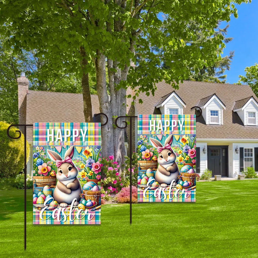 Pascua transfronteriza patio decoración bandera de jardín conejo colorido lino doble cara bandera de jardín del día del conejo