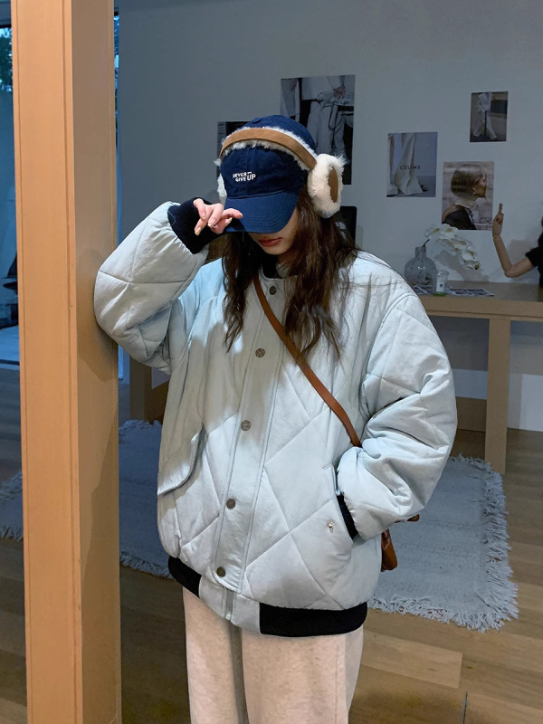 美式菱格棒球服棉服女2025年冬季新款韩系宽松超好看夹棉棉袄外套|undefined
