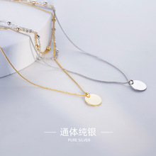 韓版S925純銀圓牌項鏈choker間珠幾何雙層鎖骨鏈飾學生女銀飾品