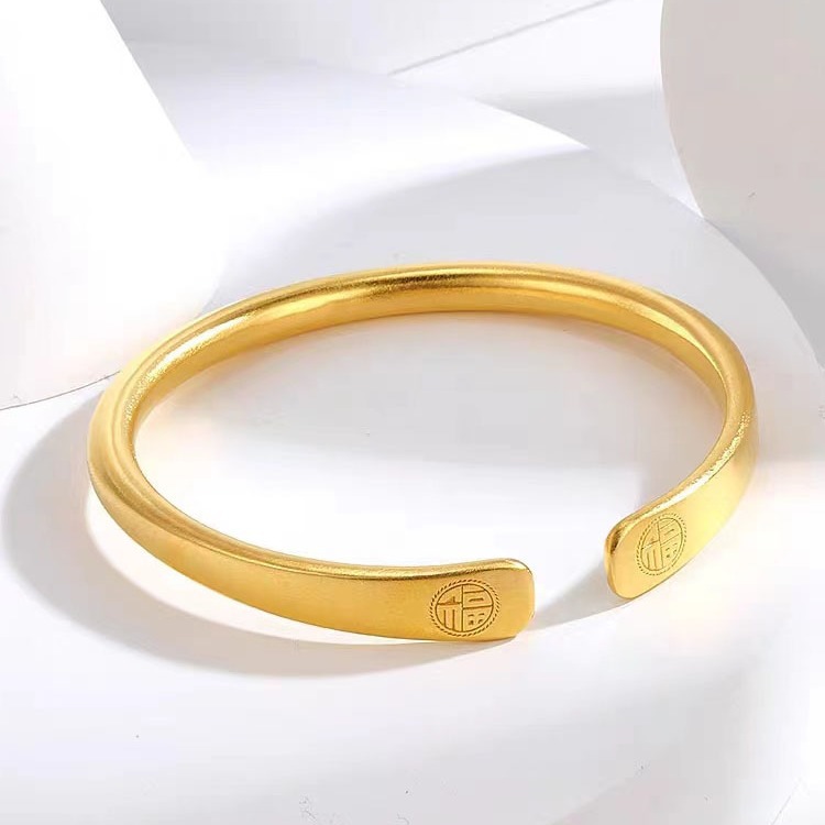 New Chinese style national fashion ancient style fu character Ping An Xi le sand gold bracelet ethnic style double happiness open bracelet_voghion.com