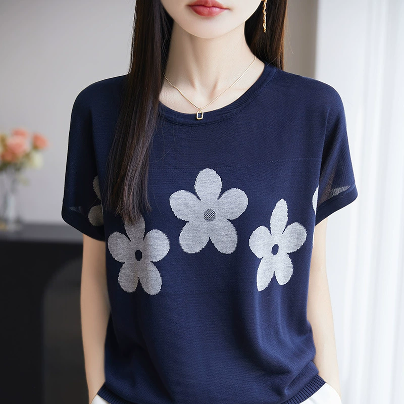 25 новых летних трикотажных изделий с круглым вырезом и маленьким цветком, с короткими рукавами, женские универсальные свободные пуловеры контрастного цвета в корейском стиле, трикотажные изделия
