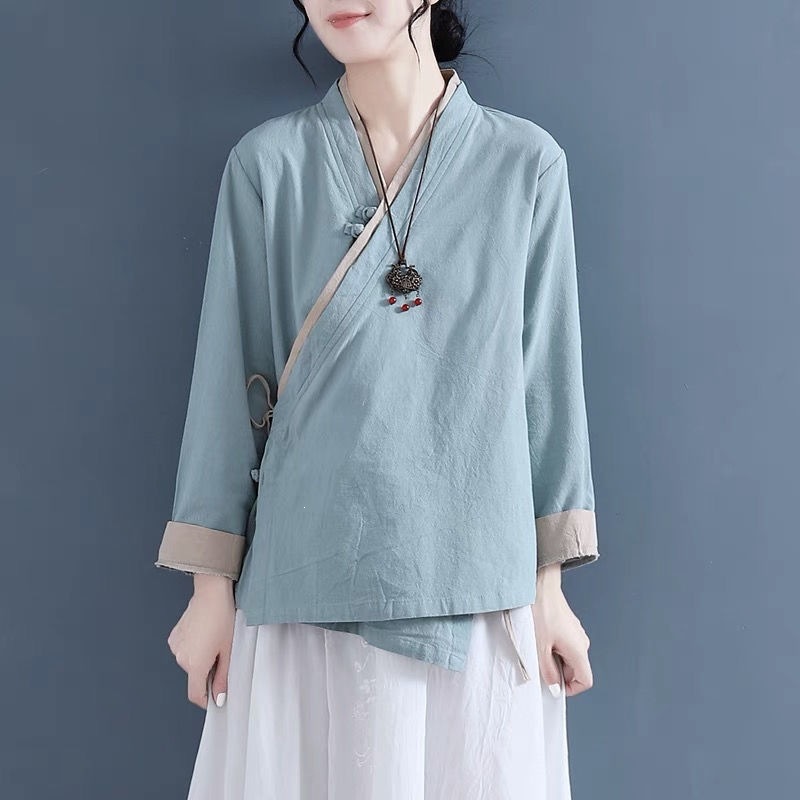 新品文艺斜襟盘扣衬衫女春秋新款中国风汉服棉麻上衣复古禅意茶服