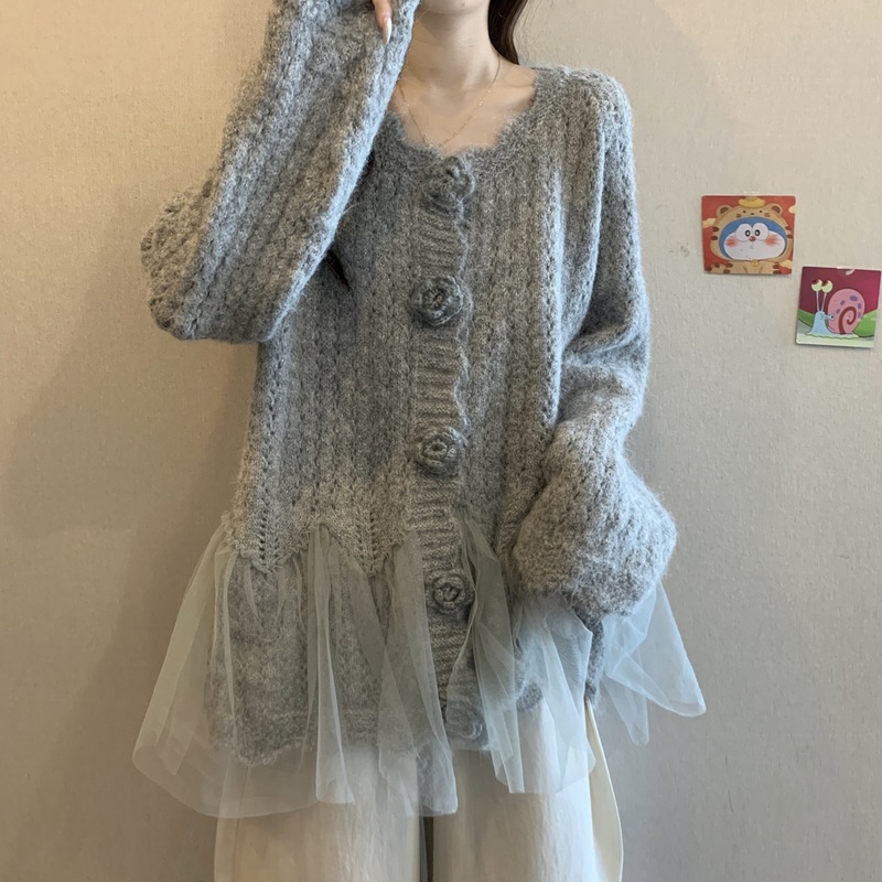 立体花朵长袖针织衫毛衣女春秋新款大码胖显瘦法式网纱拼接上衣|undefined