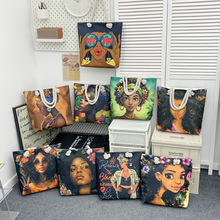 源创巴特彩绘画手工包卡通麻帆布包大容量黑人美女跨境新品托特包
