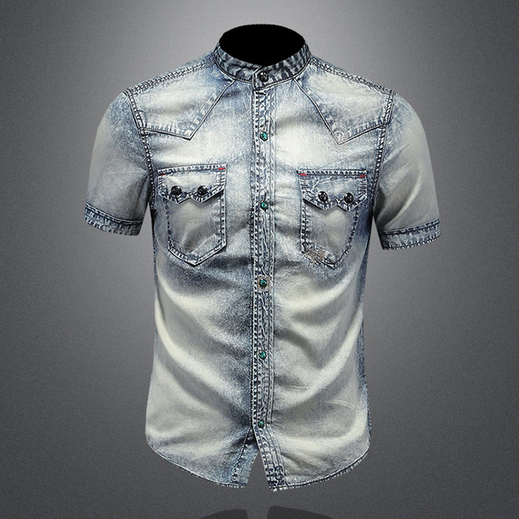 Camicia in denim vintage uomo slim fit con colletto coreana_voghion.com