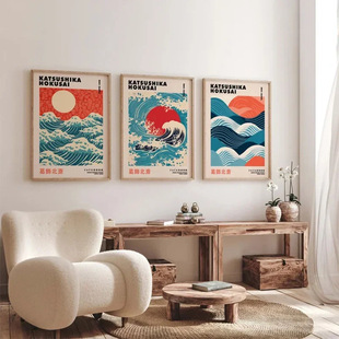 Japanese Ukiyo-E Retro Hokusai Waves Sunrise Living Room Bedroom Office Decoration Frameless Hanging Painting Core Poster
