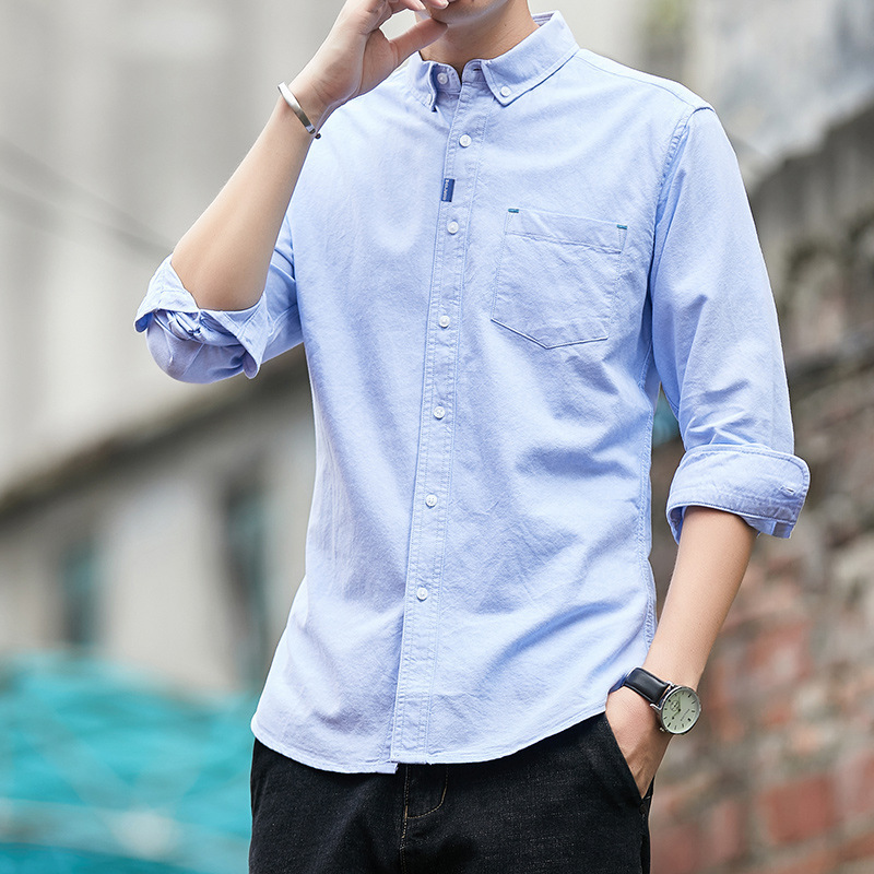 Men's long-sleeve shirt, new autumn model, 100% Oxford cotton, solid color, loose fit, casual business versatile shirt for men