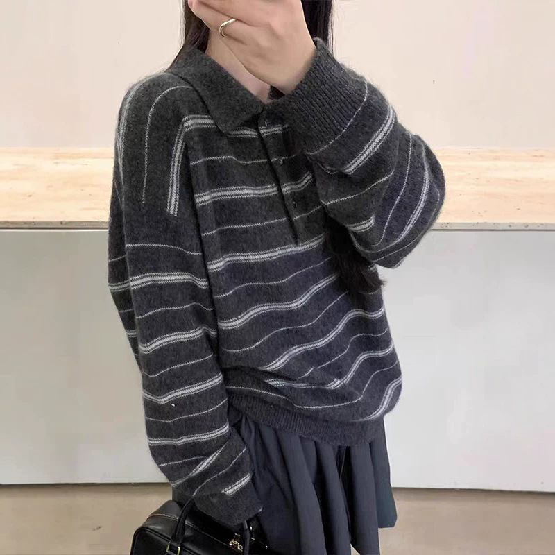 빈티지 폴로 넥 스트라이프 니트 스웨터 여자 가을 겨울 낙견 헐렁헐렁 박